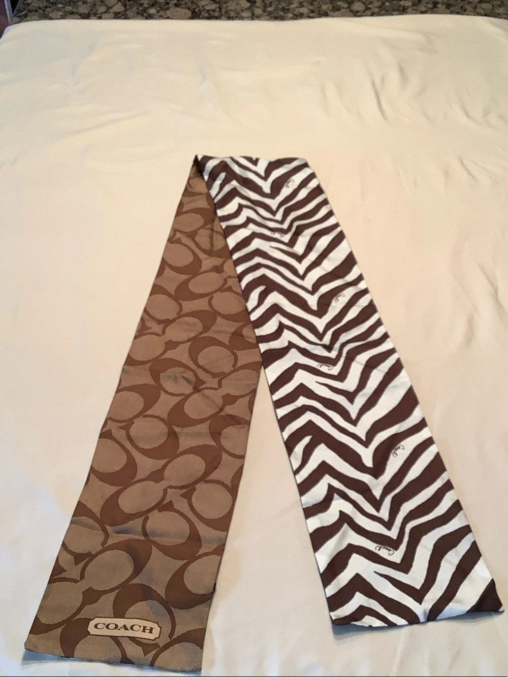 Coach Signature and Zebra Print Reversible Silk Skinny Scarf Brown/white 59 x 6